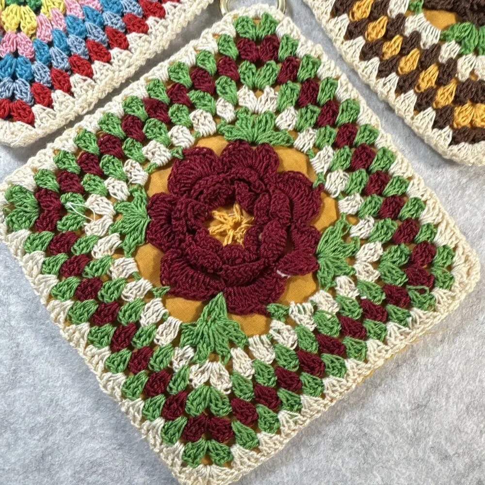 Handmade Crocheted Granny Square Potholders Set of 3 Multicolor w/ Rings